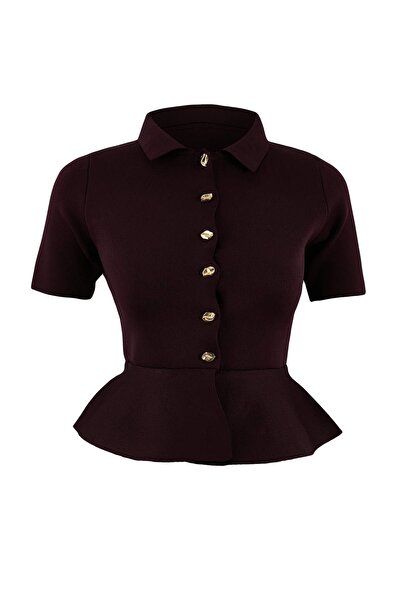 Trendyol Collection Plum Peplum/Waist Fitted Button Detailed Knitwear Blouse ...