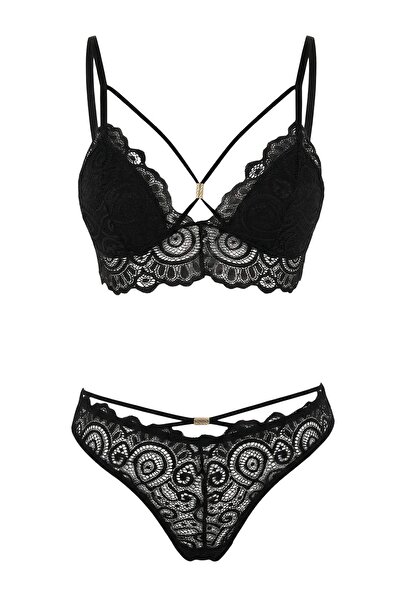 ترينديول كوليكشن طقم ملابس داخلية من الدانتيل الأسود وإكسسوارات وغطاء متقاطع ...
