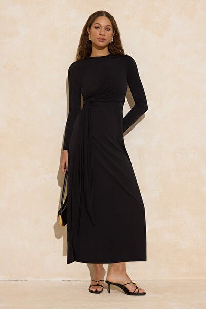 Trendyol Modest Black Binding Detail Sandy Fabric Fitted Form Knitted Dress T...
