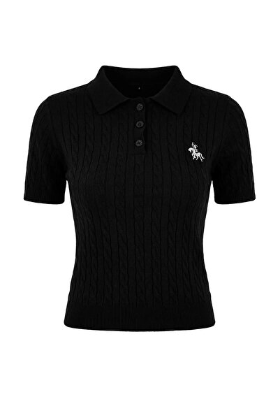 Trendyol Collection Black Horse Embroidered Polo Neck Hair Knitwear Blouse Tw...