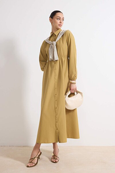 Trendyol Modest Light Khaki Unlined Plain Woven Terrycotton Hijab Dress Tctss...