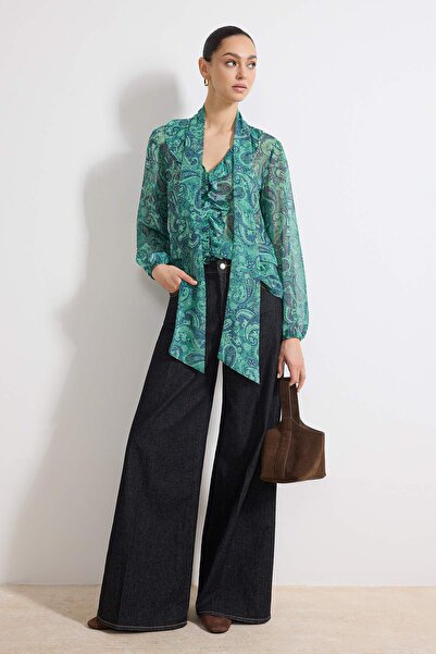 Trendyol Collection Green Shawl Patterned Boho Transparent Chiffon Woven Blou...