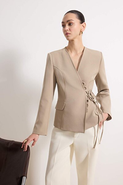 Trendyol Collection Mink Double-Breasted Tied Detailed Pocketed Woven Blazer ...