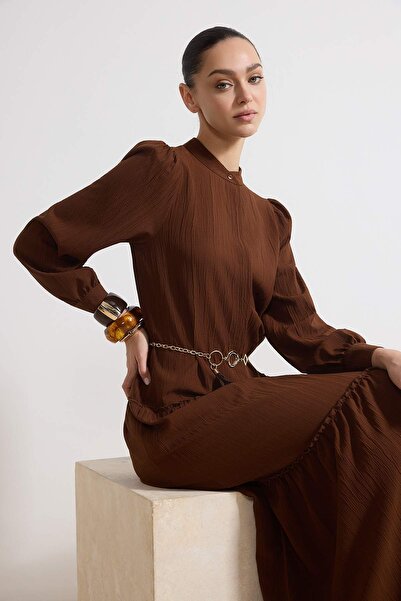 Trendyol Modest Brown Chain Belt Detailed Woven Dress Tctss26Eb00034