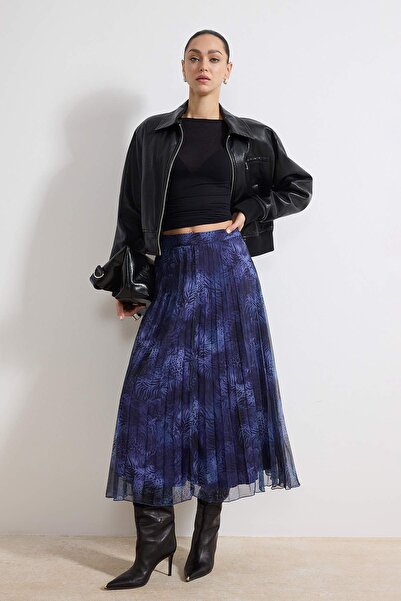 Trendyol Collection Marineblauer, gemusterter, gefütterter Midi-Rock aus Chif...