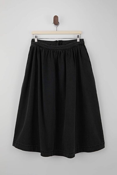 Trendyol Collection Anthracite Dried Plied 100% Cotton Flounced Maxi Denim Sk...