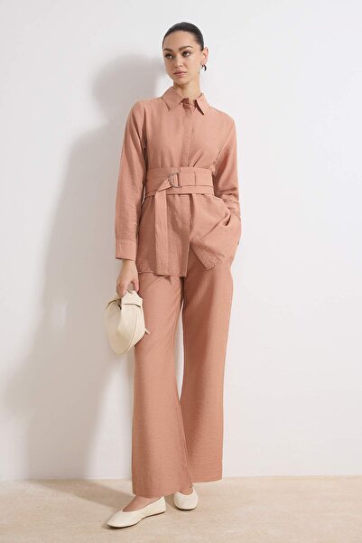 Trendyol Modest Salmon Linen Look Thick Belt Detailed Woven Bottom - Top Set ...