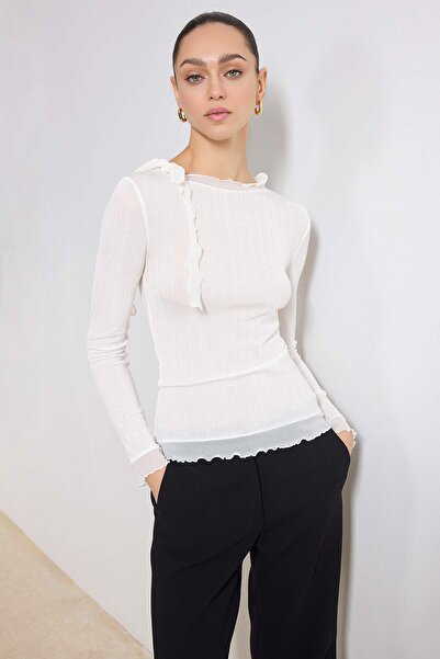Trendyol Collection Bluză tricotată texturată, ecru, transparentă, mulată pe ...