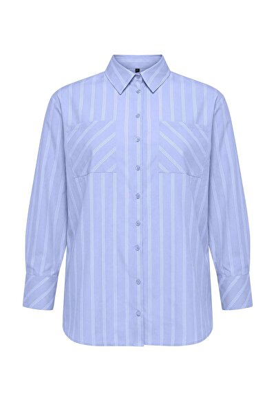 Trendyol Curve قميص كبير الحجم منسوج بجيبين مزدوجين مخطط باللون الأزرق TBBSS2...