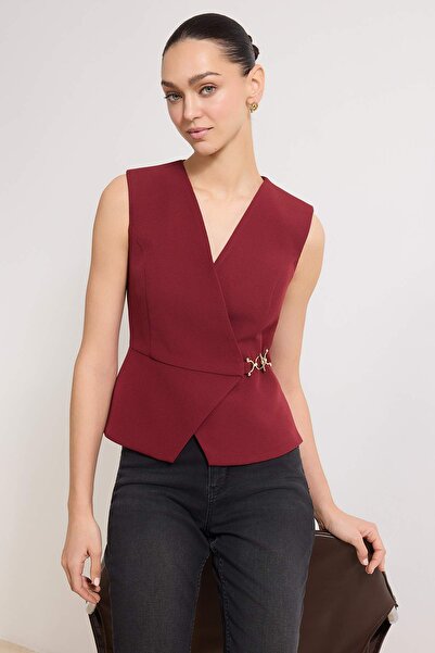 Trendyol Collection Burgundy Accessory Closure Fitted/Waist-Fitting Woven Ves...