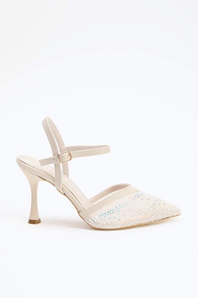 TRENDYOL SHOES Ecru Stone Embellished 8.5 cm Women's Classic Heeled Shoes Tak...