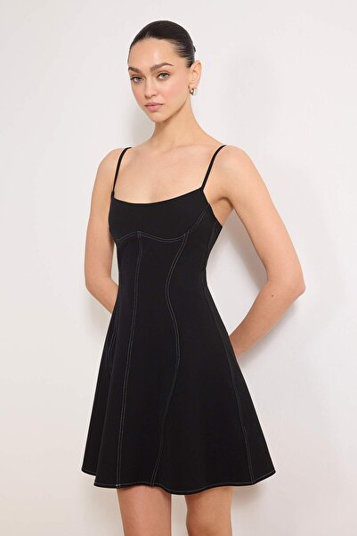 Trendyol Collection Black Mini Contrast Stitching Detailed Woven Dress Twoss2...