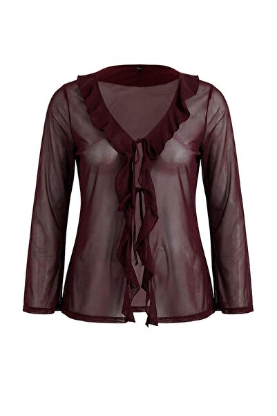 Trendyol Curve Burgunderrote, mit Blumenmuster verzierte, gebundene, gestrick...