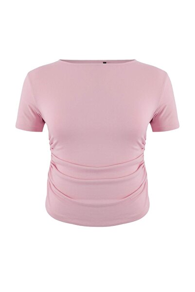 Trendyol Curve Bluză tricotată cu nervuri din viscoză roz deschis