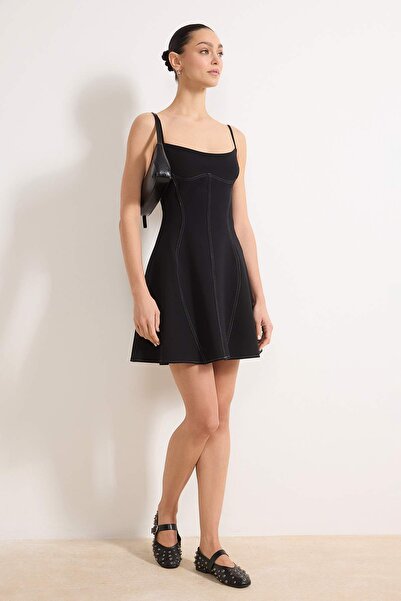 Trendyol Collection Black Mini Contrast Stitching Detailed Woven Dress Twoss2...