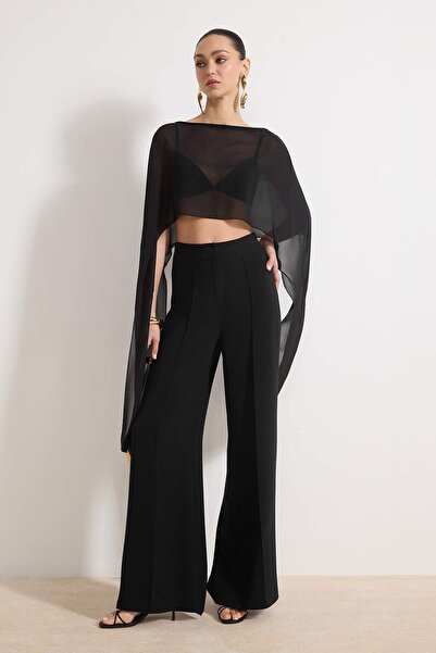 Trendyol Collection Μαύρη ασύμμετρη μπλούζα πάρτι από σιφόν χωρίς επένδυση TP...