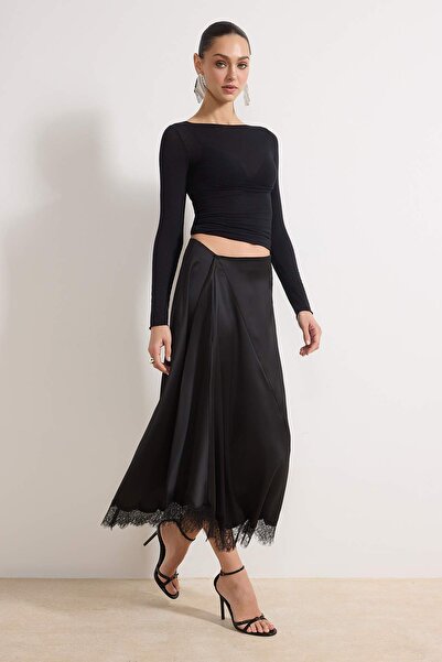 Trendyol Collection Black Asymmetric Cut Lace Paneled Satin Skirt Tprss26Et00006