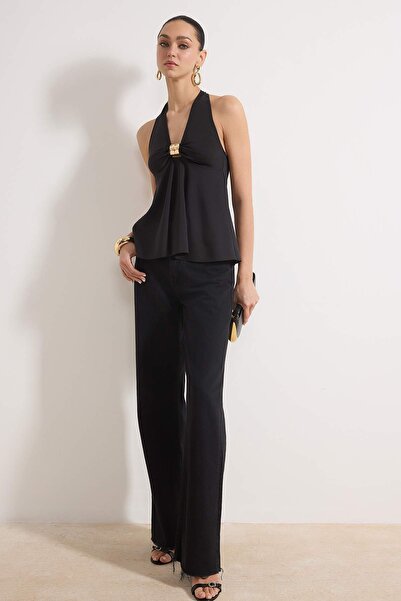 Trendyol Collection Black Accessory Detailed Gathered Party Blouse Tpraw26Bz0...