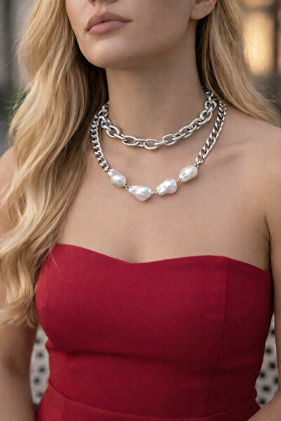 Maiden design Silver Color Special Pearl Detailed Double Necklace Earring Set