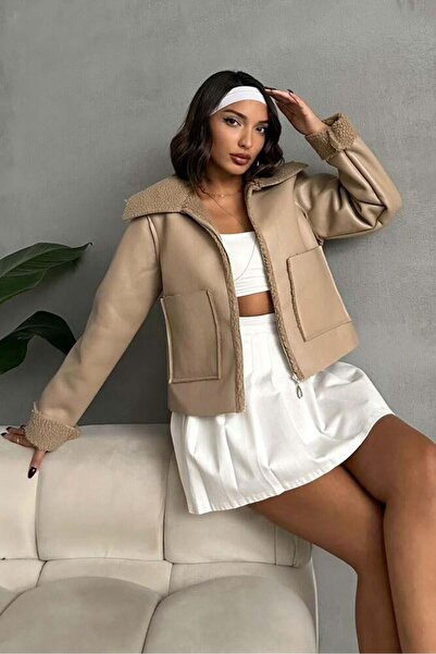 CKM MODA Palton scurt din piele artificială cu blană, culoare piatră închisă