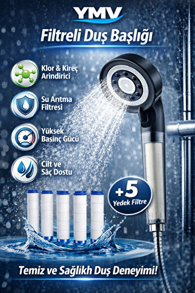 YMV Filtreli Kireç Arındırıcı Duş Başlığı | 5 Yedek Filtreli, Klor Azaltıcı, ...