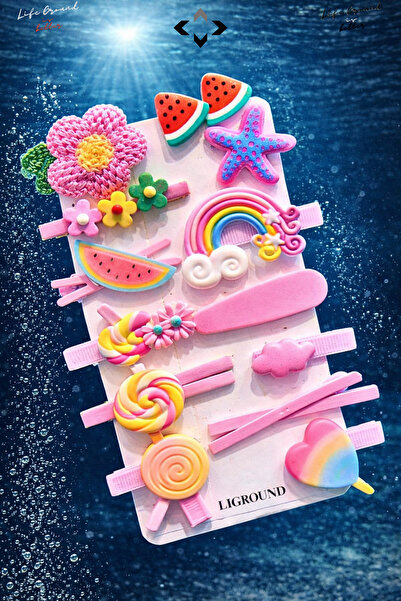 LİGROUND Silikon Kız Çocuk Saç Tokası Seti 14’lü Renkli Desenli Çıtçıt, Peluş...