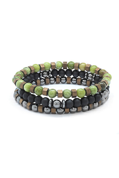 Tesbihane سوار من الحجر الطبيعي المختلط من اليشم الأخضر والعقيق والهيماتيت