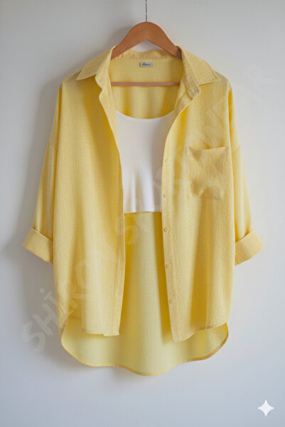 Shiron Sportswear&Company Lüx Kalite Sarı Kadın Düşük Omuz Oversize Keten Cep...