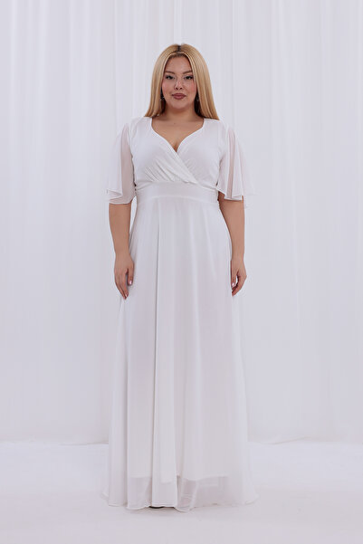 IŞILTI Rochie de seară elegantă, albă, din șifon, elastică, cu mâneci cu vola...