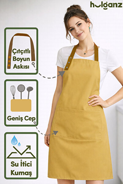 Hulganz Mutfak Önlüğü Leke Tutmaz Su itici Kumaş Çıtçıtlı Boyun Askılı Hardal...