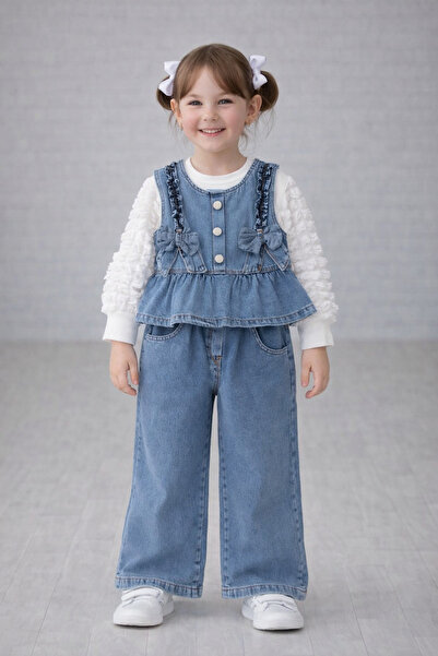 nazarbebe طقم بنطلون جينز للبنات طقم فيست مكون من 3 قطع - بلوزة مكشكشة وبنطلو...