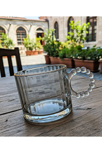 SAMSA Cam Boncuk Kulplu Yaldızlı Füme Renkli Büyük Boy Çay ve Kahve Fincanı (...