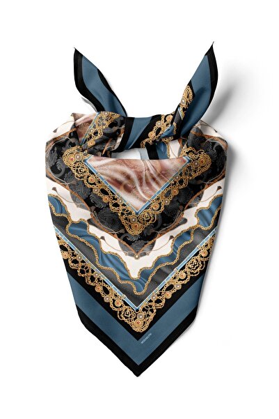 Modabutik D117 Kadın Zincir Desenli Bandana 50x50 Mavi DG0222-22 Snz