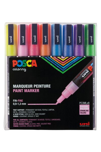 UNİ-BALL Uni Posca 0.9-1.3 Su bazlı poster markörü Simli 8li