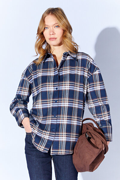 Manche Navy Blue Plaid Patterned Oversized Shirt |   Mks1610714-1