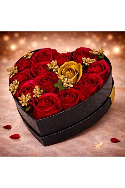 velve Aranjament floral Intimissimo, 13 trandafiri de sapun rosii/aurii, stam...