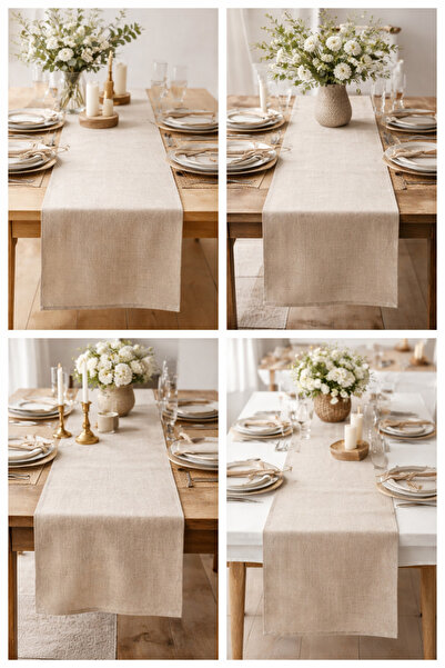 NATURAL LİFE CONCEPT Düz Krem Bej Doğal Keten Runner 40x110 cm Buldan Kumaşı