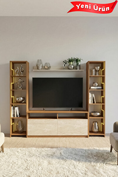 Platinreyon LABİRENT LEDLİ DUVAR TV ÜNİTESİ TRAVERTEN KAPAK CEVİZ
