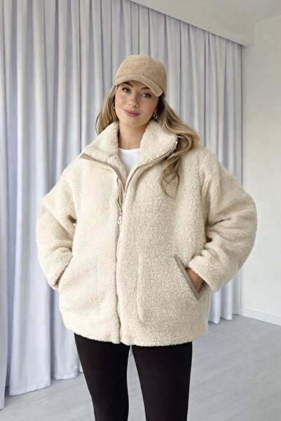 İLKCET MODA Mock Neck Zippered Women's Oversized Plush Coat