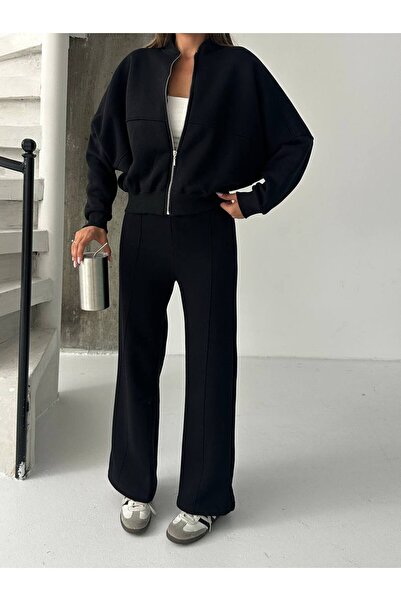 İLKCET MODA Комплект за жени с къса блуза без джобове и долнище с цип и яка