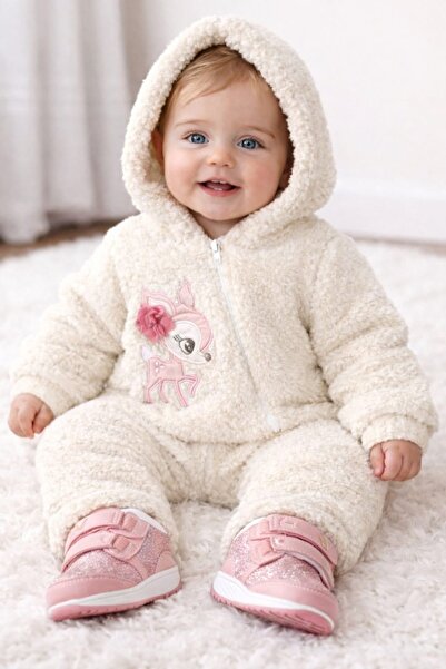 UrazTasarım Kız Bebek Kışlık Peluş Fermuarlı Tavşan Detaylı Yumuşak Tulum