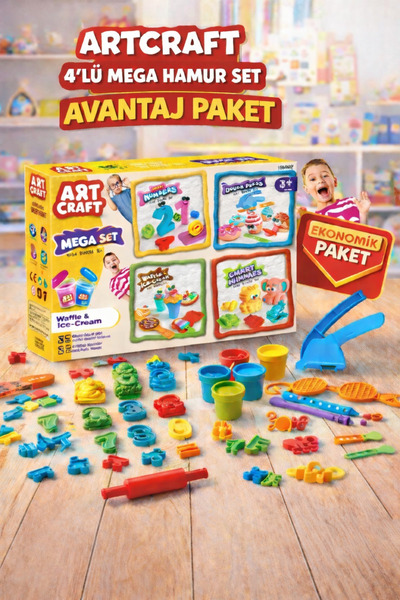 DEDE 4'lü Mega Hamur Set+llk Alfabem+Sevimli Hayvanlar+Waffle Set Hamur l Eği...