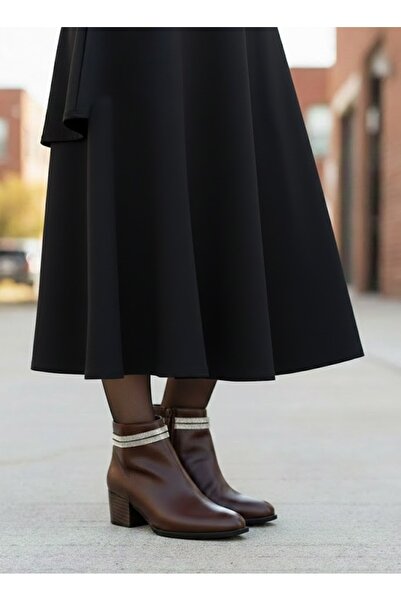 Mammamia Kalın Topuklu Zincir Detaylı Kahve Renkli - Klasik Bot D25KB-4315-LX