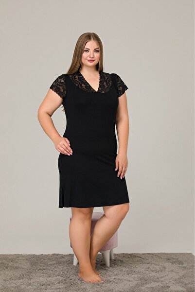 Temporium Γυναικείο Μαύρο Πλεκτό Νυχτικό με Δαντέλα Λεπτομερές Σχιστό Λύκρα Β...