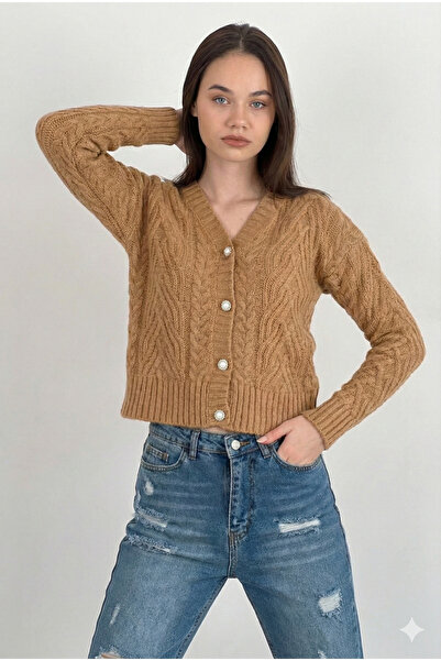 Miss Poem Χοντρή ζακέτα με μαργαριταρένια κουμπιά - Camel