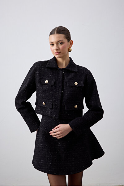 laulei Jachetă din tweed cu guler clapă neagră