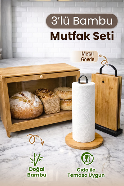 naturelove 3'lü Bambu Mutfak Seti - Tezgah Üstü Düzenleyici Ekmeklik Metal St...