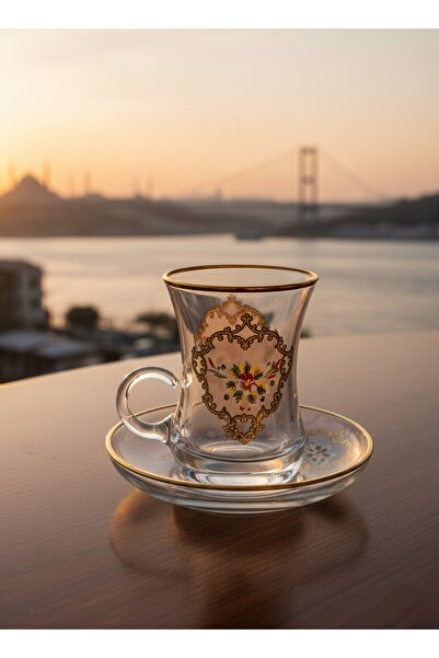 SAMSA Gold Silver Printed Rose Pattern Model with Glass Handle 6-Person Tea S...