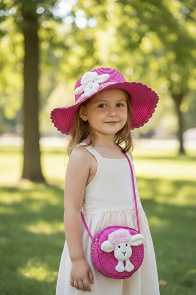 Aware Time 3-8 Yaş Kız Çocuk Hasır Aksesuarlı Fötr Şapka Çanta Set