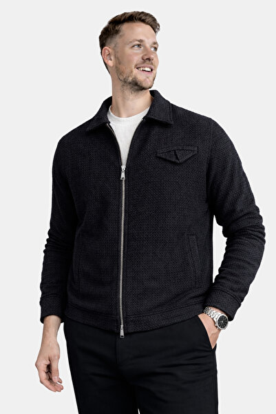 HAVANO Erkek Siyah Kısa Dokulu Kaşe Ceket Regular Fit Fermuarlı Kışlık Mont